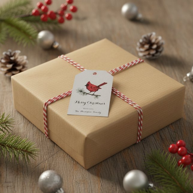 Elegant Grått Kardinal Bird Jul Presentetikett (Elegant Red Cardinal Gift Tags. Cute Cardinal Bird on Pine Tree Branch. Merry Christmas Text on Gray)