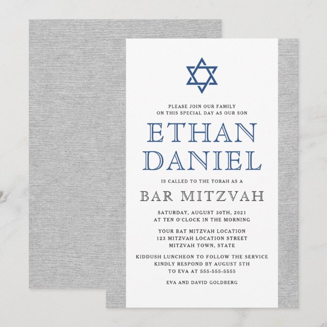 Elegant grått linen blue Star of David pub mitzvah Inbjudningar (Fram/baksida)