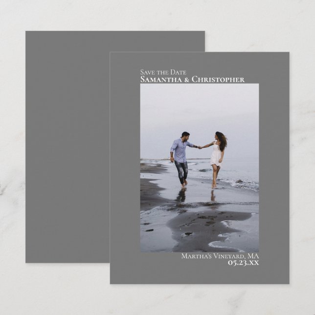 Elegant Grått Lodrät Photo Minimalist Bröllop Spara Datumet (Fram/baksida)