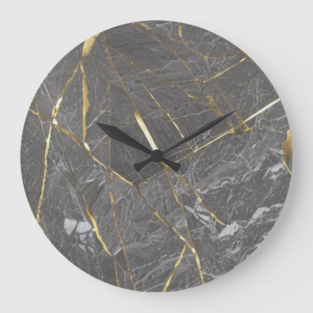 Elegant Grått Marble och Guld Linjer Wall Clock Stor Klocka (Framsida)