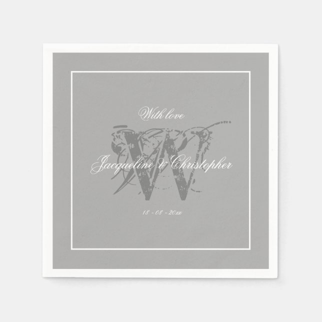Elegant Grått Monogram Bride Groom Classy Bröllop Pappersservett (Framsidan)