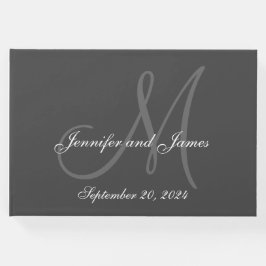 Elegant Grått Monogram Namn Datumfoto Bröllop Gästböcker