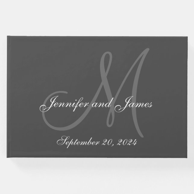 Elegant Grått Monogram Namn Datumfoto Bröllop Gästböcker (Framsida)