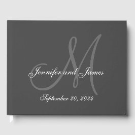 Elegant Grått Monogram Namn Datumfoto Bröllop Gästböcker