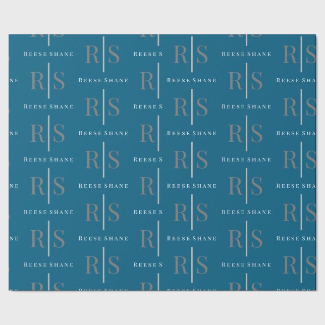 Elegant grått monogram och vitt namn, blått presentpapper (Seam)
