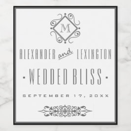 Elegant Grått Monogrammed Bröllop Vin-etikett Vinflaska Etikett