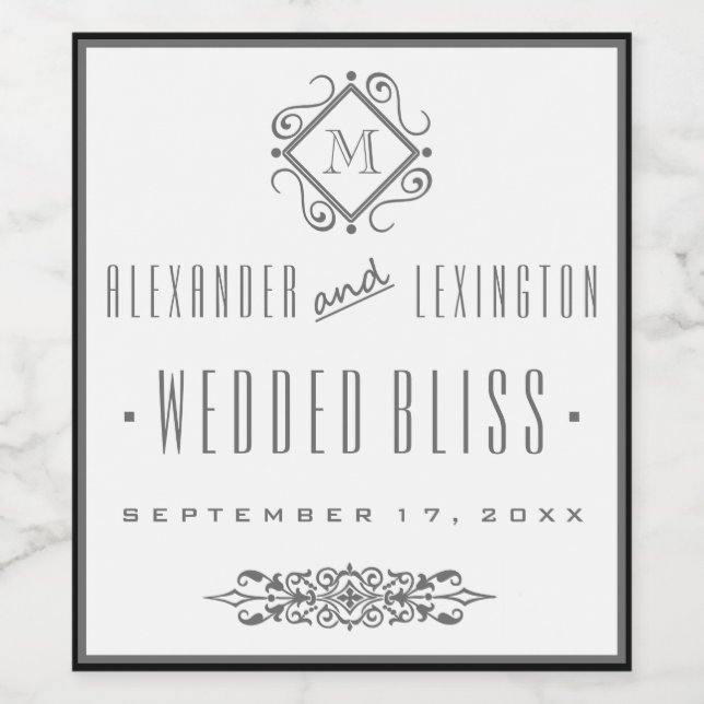 Elegant Grått Monogrammed Bröllop Vin-etikett Vinflaska Etikett (Singel etikett)