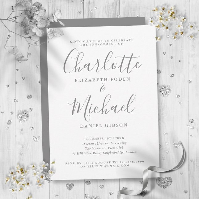 Elegant Grått Namnteckning skriptFörlovningsfest Inbjudningar (Elegant Gray Signature Script Engagement Party Invitation)