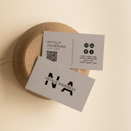 Elegant Grått Neutralt QR Code Modern Monogram Log Visitkort