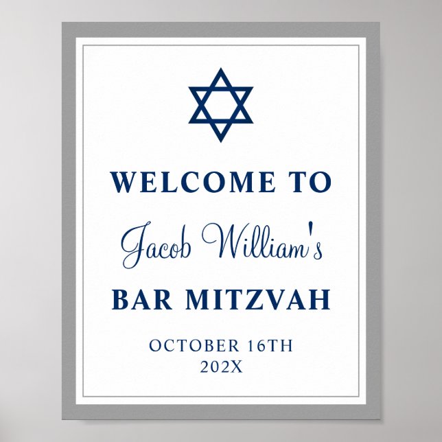 Elegant Grått och marinblå Pub Mitzvah Välkommen Poster (Framsidan)