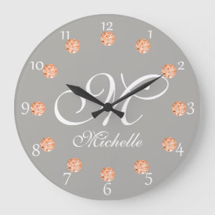 Elegant Grått och orangefärgade fingrar monogramkl Stor Klocka