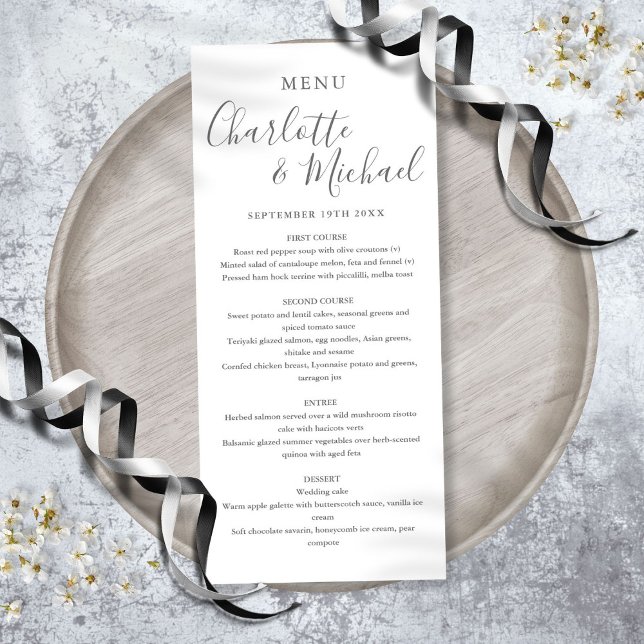 Elegant Grått och vit Namnteckning Bröllop Menu Meny (Elegant Gray And White Signature Wedding Menu)