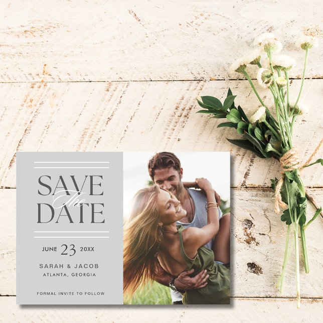 Elegant Grått Photo Bröllop spara datum Meddelande (Elegant Gray Photo Wedding Save the Date)