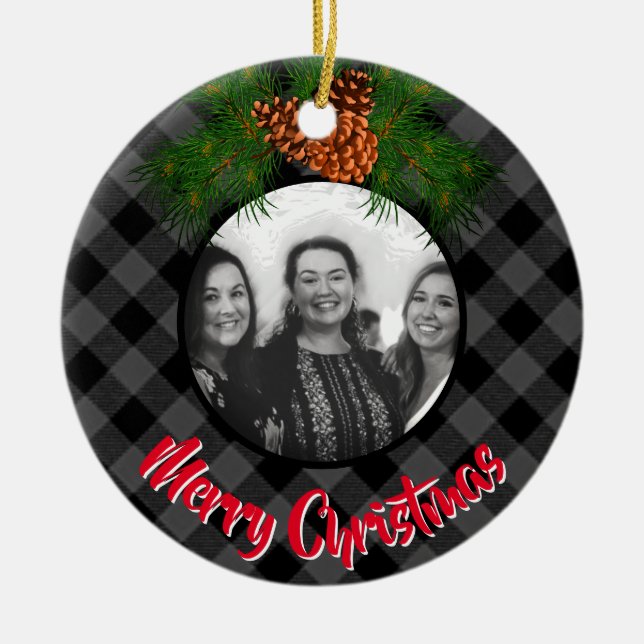 Elegant grått plaid pinecone-fotomall julgransprydnad keramik (Framsidan)