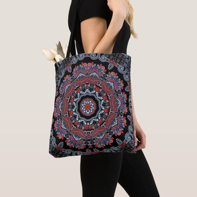 Elegant Grått & Red Mandala Tote Bag Tygkasse (Närbild)