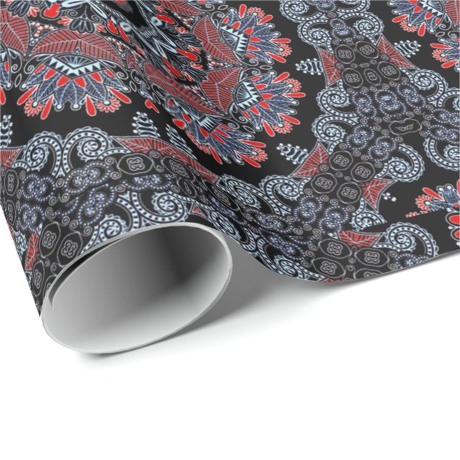 Elegant Grått & Red Mandala Wrapping Papper Presentpapper (Rullad Hörn)