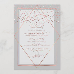 Elegant Grått Ro Guld Confetti Gräns Quinceañera Inbjudningar