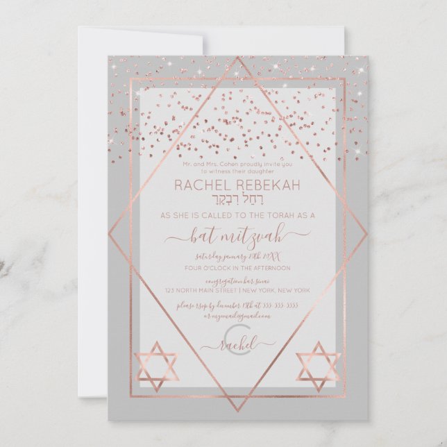 Elegant Grått Ro Guld Konfetti Gräns Bat mitzvah Inbjudningar (Framsida)