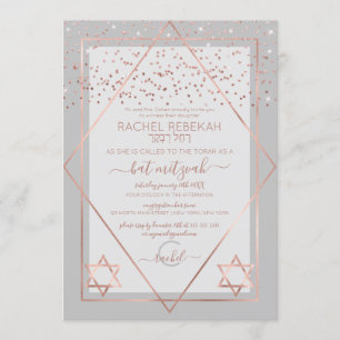 Elegant Grått Ro Guld Konfetti Gräns Bat mitzvah Inbjudningar