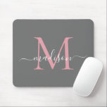 Elegant Grått  Rosa Monogram Modern Script Musmatta<br><div class="desc">Modern Silver Slate Grått  Rosa Dusty Rosa Monogram Elegant Girly Chic-skript Mouse Pad</div>