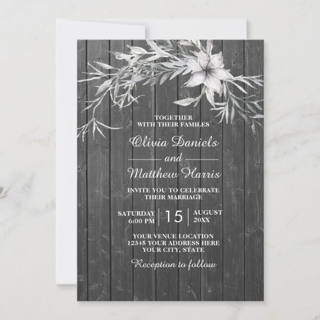 Elegant grått rustik. Blommigt bröllop Inbjudningar (Framsida)