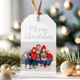 Elegant Grått Script-julfoto Presentetikett