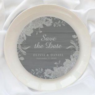 Elegant Grått Silver Blommigt Spara datum Bröllop Underlägg Papper Rund