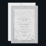 Elegant Grått Silver Konfetti Gräns Bat mitzvah Inbjudningar<br><div class="desc">Denna elegant och moderna Bat mitzvah inbjudan är idealisk för ett klassligt och formellt evenemang. Den har en faux tryckt glatt silver glitter-konfekt som sprinkled över en tunn geometrisk romb och rektangulär gräns med en grått mörk tjockt gräns under och lätt grått fyllning bredvid silver stjärnor av David. Det är...</div>