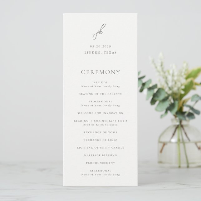 Elegant grått skriptmonogram bröllop program (Stående Fram)