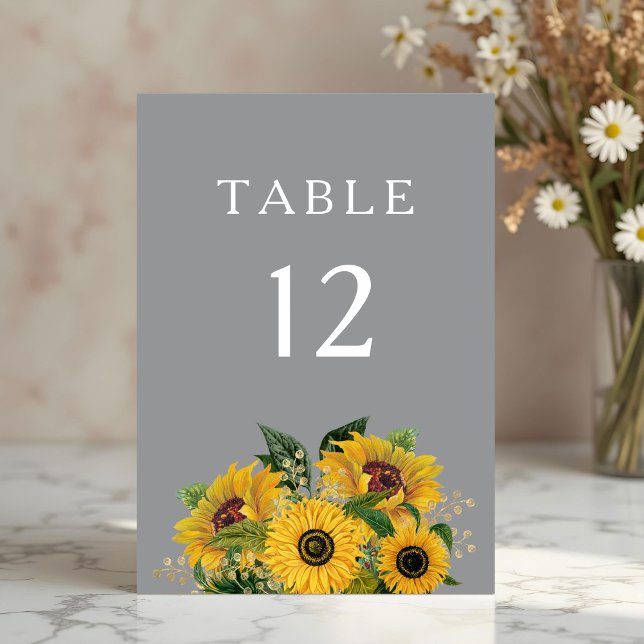 Elegant Grått Solblommor Bröllop Bordsnummer (Elegant Gray Sunflowers Wedding Table Number)