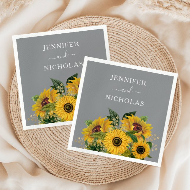 Elegant Grått Solblommor Bröllop Pappersservett (Elegant Gray Sunflowers Wedding Napkins)