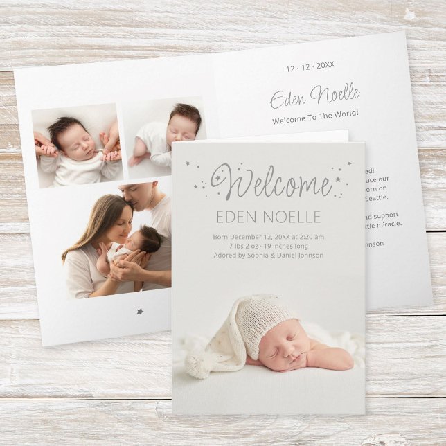 Elegant Grått Stars Birth Announcement FolCard Inbjudan (Modern, elegant gray calligraphy "Welcome" with stars birth announcement folded photo collage card.)