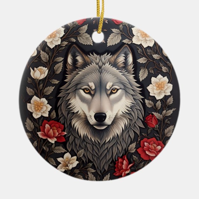 Elegant Grått Varg Blommigt Julgransprydnad Keramik (Framsidan)