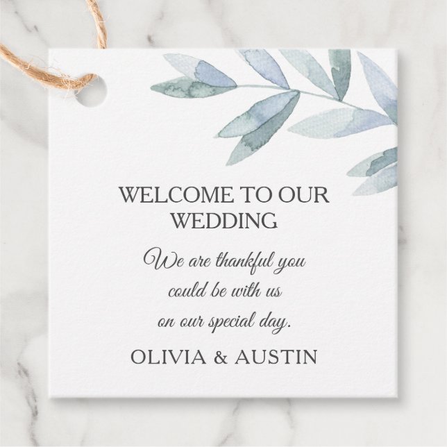 Elegant grått vattenfärgsblad. Botaniska bröllop Gåvor Etiketter (Framsida)