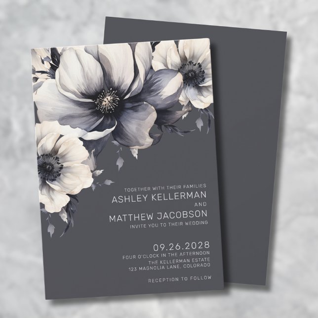 Elegant Grått Watercolor Blommigt Bröllop Inbjudningar (Elegant Gray Watercolor Floral Wedding Invitation)