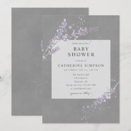 Elegant grått Watercolor lavender babydusch Inbjudningar