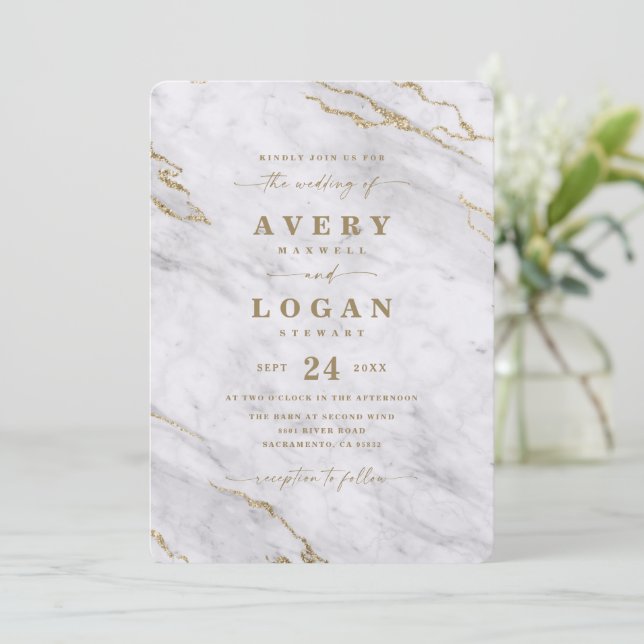 Elegant Grått White & Guld Metallic Marble Bröllop Inbjudningar (Stående Fram)
