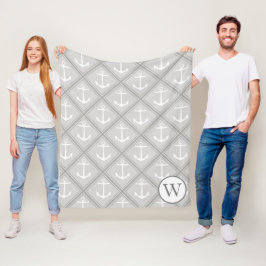 Elegant Grått & White Nautical Anchors | Monogram Fleecefilt
