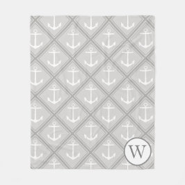 Elegant Grått & White Nautical Anchors | Monogram Fleecefilt