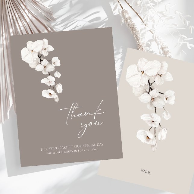 Elegant Grått White Orchid Bröllop Tack Kort (Modern Gray White Orchids Wedding Thank You Card)
