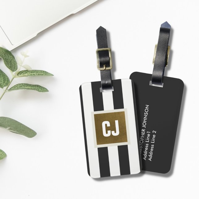 Elegant Grått White Rand Faux Copper Monogram Bagagebricka (Skapare uppladdad)