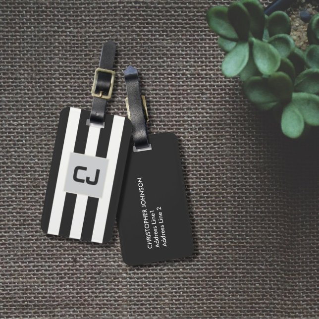 Elegant Grått White Rand Monogram Bagagebricka (Skapare uppladdad)