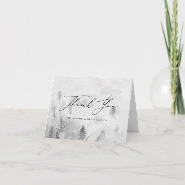 Elegant Grått Winter Forest Bröllop Tack Kort (Framsida)