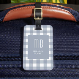 Elegant Gray Blue Gingham Monogram Bagagebricka