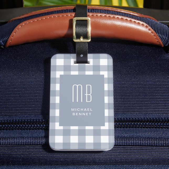 Elegant Gray Blue Gingham Monogram Bagagebricka (Framsida Insitu 2)