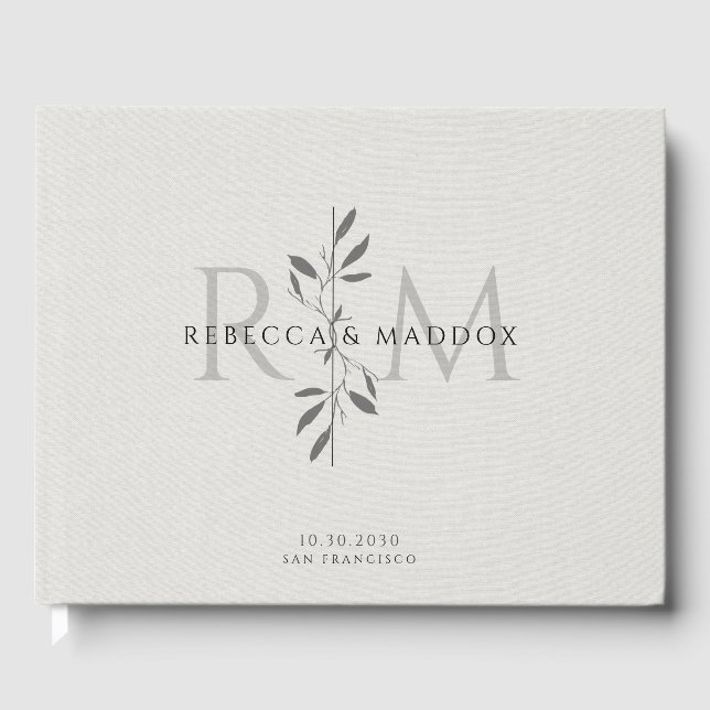 Elegant Gray Botanical Monogram Wedding Gästböcker (Framsida)