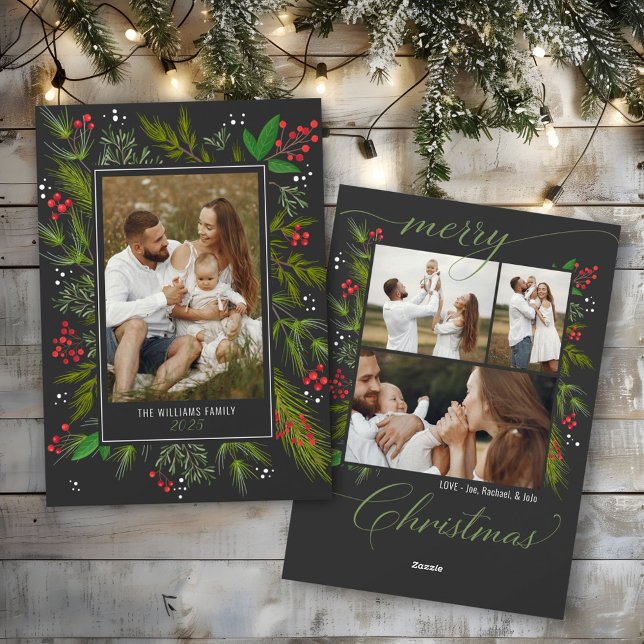 Elegant Gray Christmas Greenery Wreath 4 Photo Julkort (Dark charcoal gray elegant script Merry Christmas botanical greenery wreath 4 photo holiday card)