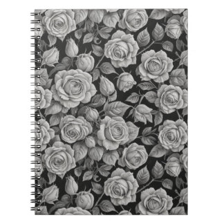 Elegant Gray Roses on Black Journal – Moody Floral Anteckningsbok