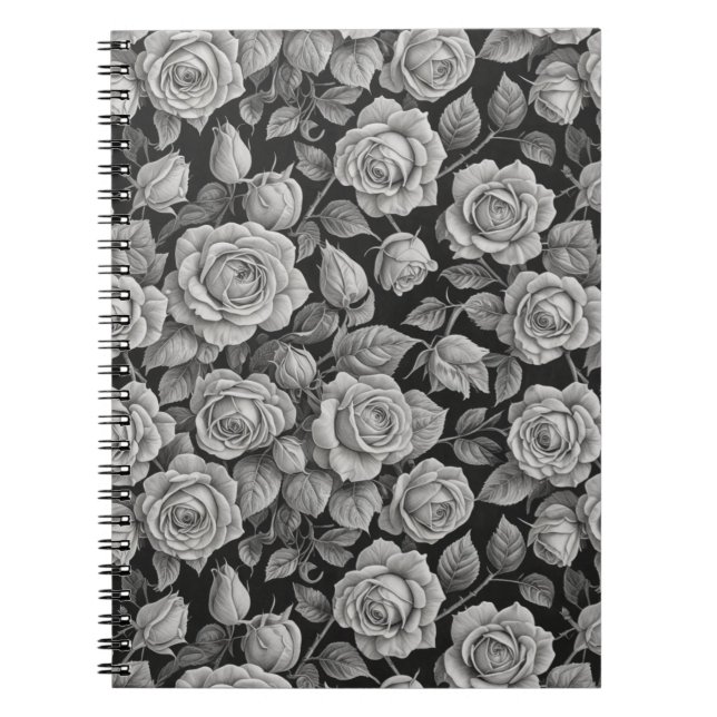 Elegant Gray Roses on Black Journal – Moody Floral Anteckningsbok (Framsidan)