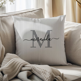 Elegant Gray & White Stripes Monogram Name Kudde